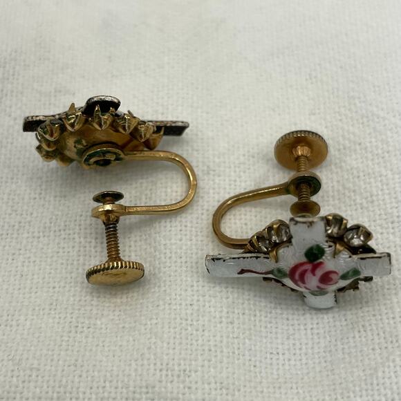 Vintage Gilloche Painted Floral Rose Screw Back Earrings Cross Rhinestones - Picture 4 of 6